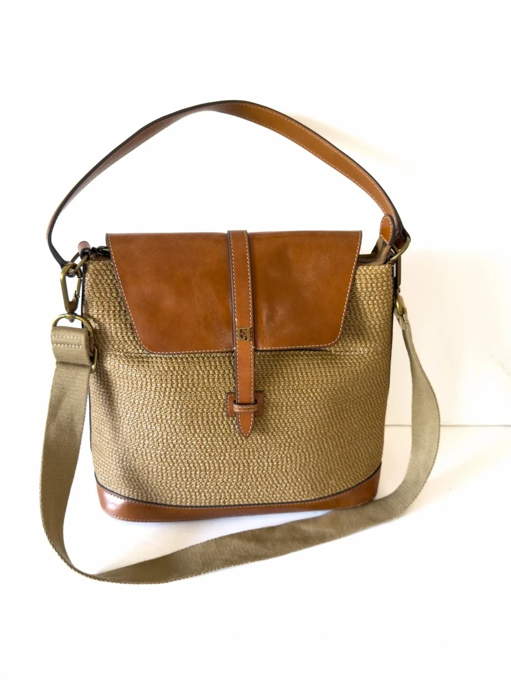 Eric Javitiz Squishee Bel Air Woven Straw Leather Trim Shoulder Bag Natural Tan
